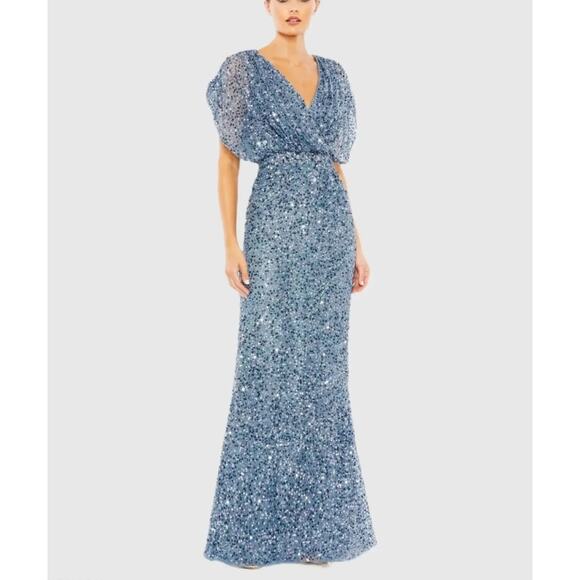 Mac Duggal Blue Draped Sleeve V-Neck Gown Slate Blue 5640 Size 4 NWT Sequins - Picture 1 of 16